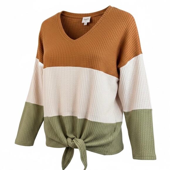 Hayden Tops - Hayden Women 1XL Colorblock Waffle Knit Tie Front Long Sleeve Top NWT